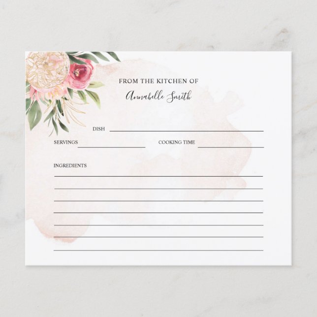 Peony and Gold Blume Name Rezept Card (Vorderseite)
