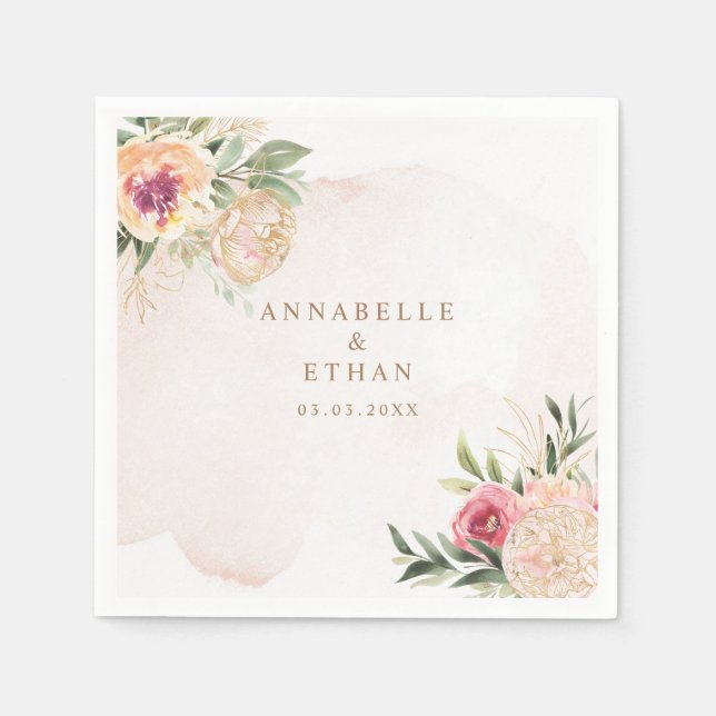 Peony and Gold Foil Bloom Wedding Napkin Serviette (Vorderseite)