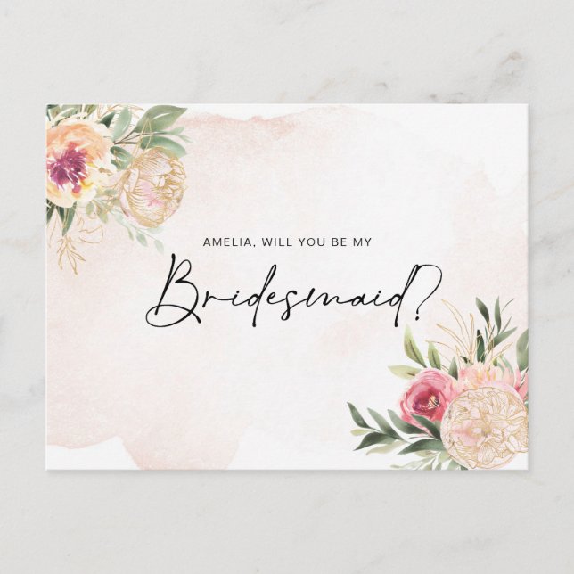 Peony and Gold Foil Blooms Bridesmaid Post Card Postkarte (Vorderseite)