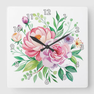 Peony and Rose Aquarell Blumenstrauß Quadratische Wanduhr