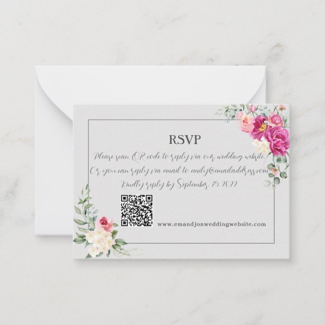 Peony and Rose Greenery QR Code RSV Card Mitteilungskarte (Vorderseite)