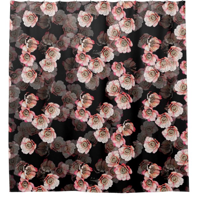 Peony Bloom Floral Black Pattern Duschvorhang (Vorderseite)