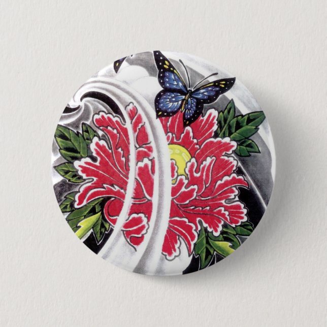 Peony Blume and Butterfly Tattoo Design Button (Vorderseite)