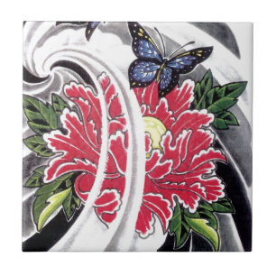 Peony Blume and Butterfly Tattoo Design Fliese