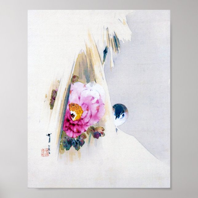 Peony Blume and Sparrow in Snow, Watanabe Seitei Poster (Vorne)