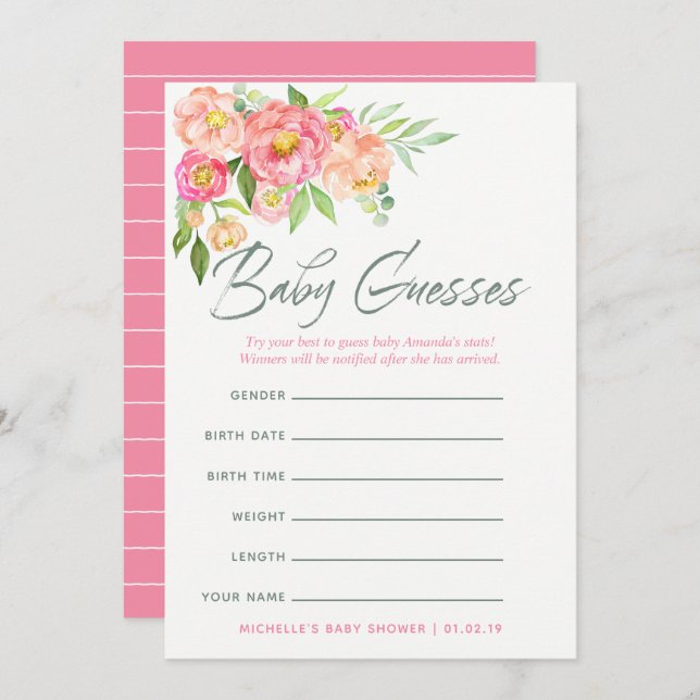 Peony Blume Baby Shower Baby Predictions Game Einladung (Vorne/Hinten)