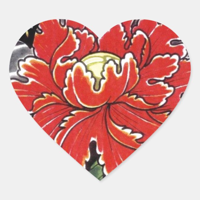 Peony Blume Japanisches Tätowierdesign Herz-Aufkleber (Vorderseite)