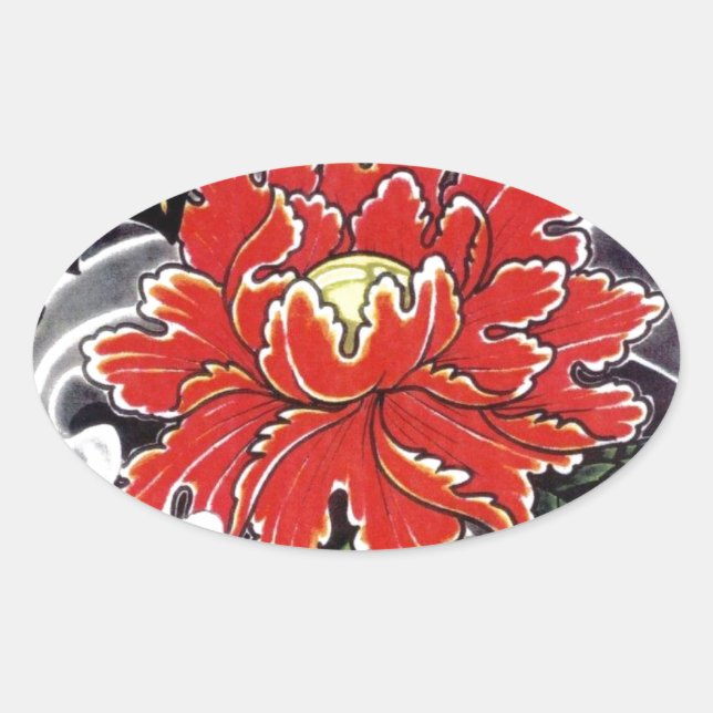 Peony Blume Japanisches Tätowierdesign Ovaler Aufkleber (Vorderseite)