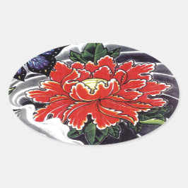 Peony Blume Japanisches Tätowierdesign Ovaler Aufkleber