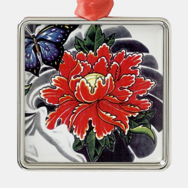 Peony Blume Japanisches Tätowierdesign Silbernes Ornament (Vorne)
