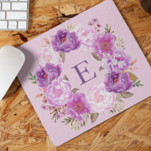 Peony Blumen Wreath Watercolor Monogram Lila Mousepad