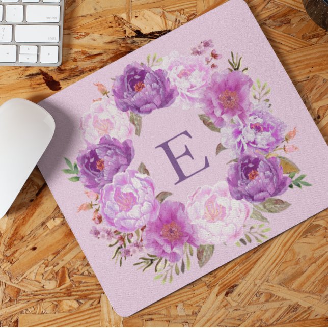 Peony Blumen Wreath Watercolor Monogram Lila Mousepad (Von Creator hochgeladen)