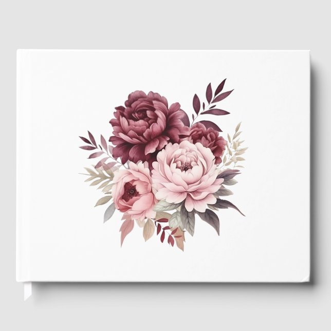 Peony Burgundy Pink Watercolor Blumenhochzeit Gästebuch (Vorderseite)