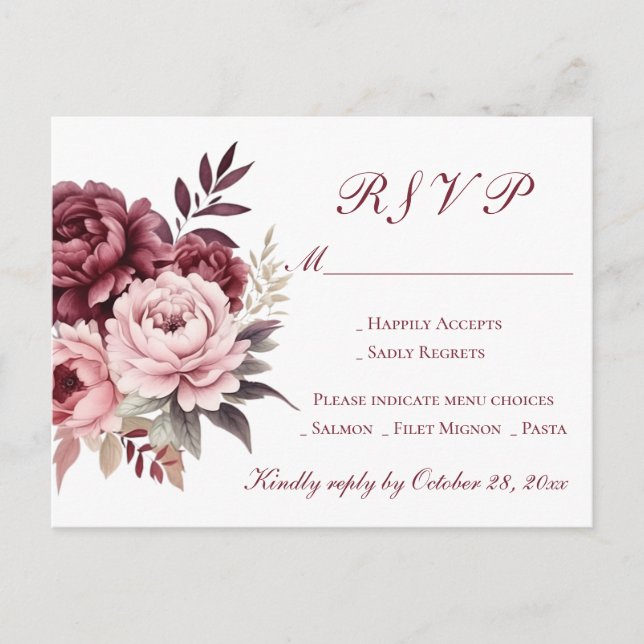 Peony Burgundy Watercolor Floral Wedding RSVP Einladungspostkarte (Vorderseite)