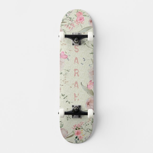 Peony & Butterflies Sage Aesthetic Skateboard (Vorderseite)