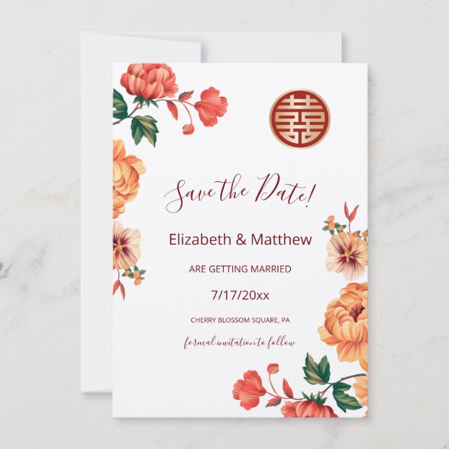 Peony Chinese Wedding Double Happy Save The Date (Vorderseite)
