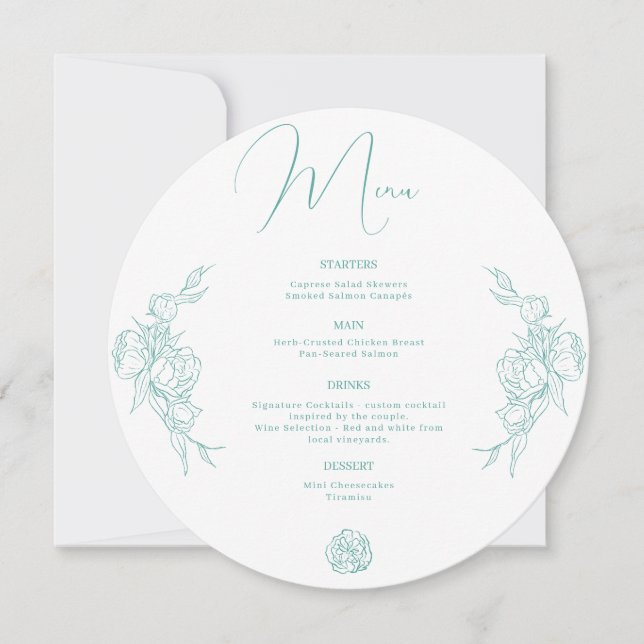 Peony Elegance Wedding Menu Feiertagskarte (Vorderseite)