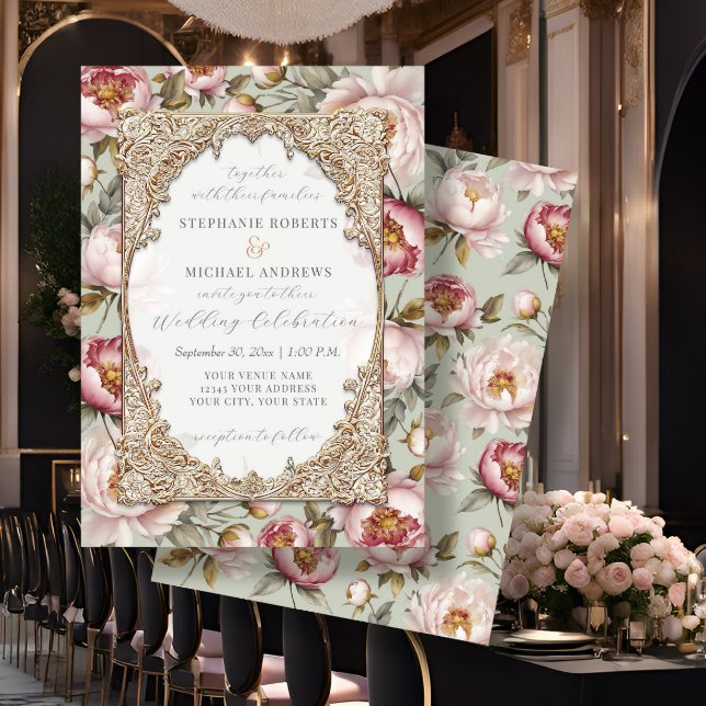 Peony Elegant Floral Gold w Pink and Sage Wedding Einladung (Von Creator hochgeladen)