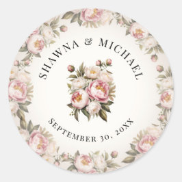 Peony Elegant Pink Floral Watercolor Hochzeit Runder Aufkleber