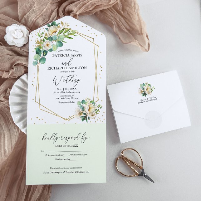Peony Eucalyptus Floral Geometric Wedding All In One Einladung (Von Creator hochgeladen)