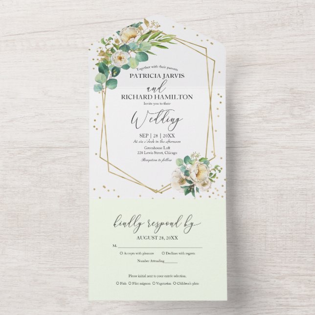 Peony Eucalyptus Floral Geometric Wedding All In One Einladung (Innen Boden)
