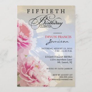 Peony Floral 50. Geburtstagsparty Einladung Blue