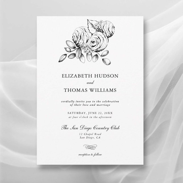 Peony Floral Art Sketch Moderne klassische Hochzei Einladung (peony wedding invitation modern classic formal  floral sketch black white elegant romantic)