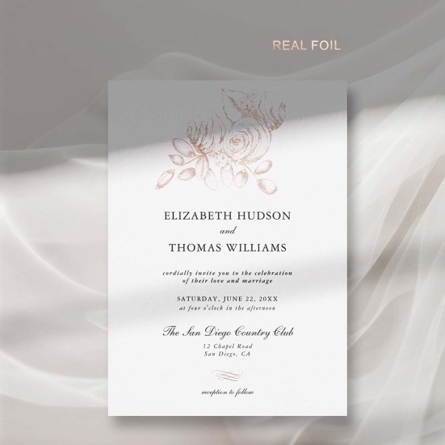 Peony Floral Art Sketch Rose Folieneinladung (peony wedding invitation modern classic formal  floral sketch gold foil elegant romantic garden)