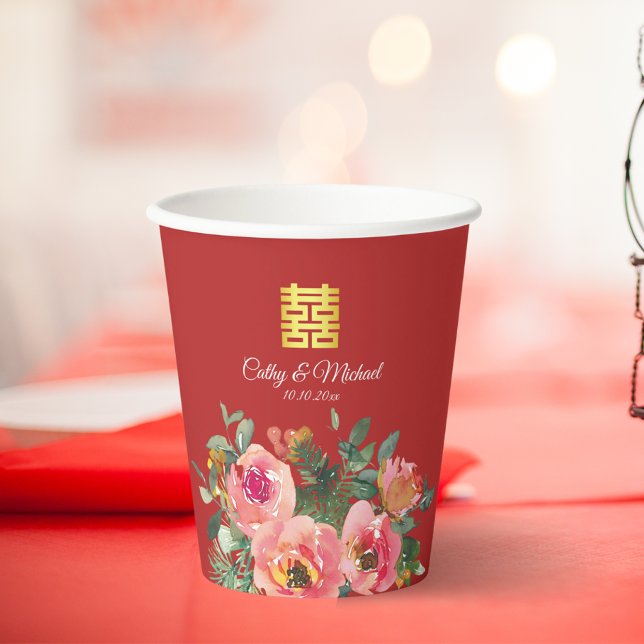 Peony floral doppeltes Glück Chinesische Hochzeit  Pappbecher (Von Creator hochgeladen)