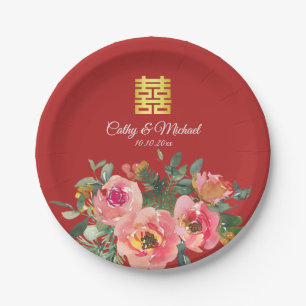 Peony floral doppeltes Glück Chinesische Hochzeit  Pappteller