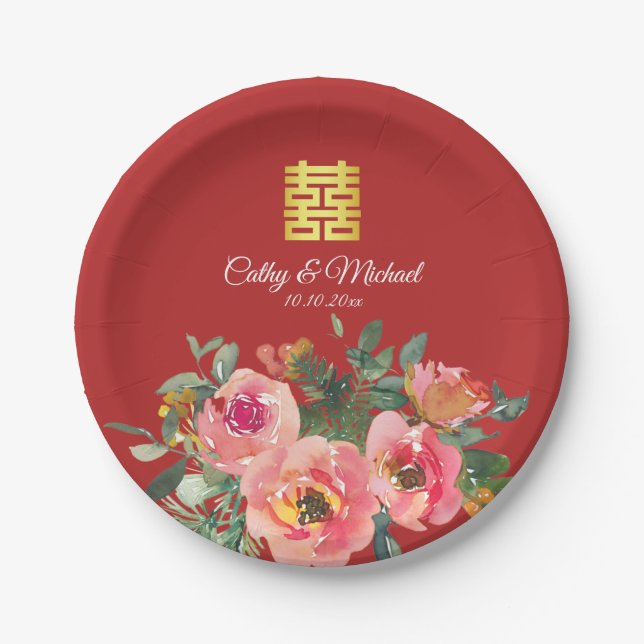 Peony floral doppeltes Glück Chinesische Hochzeit  Pappteller (Vorderseite)
