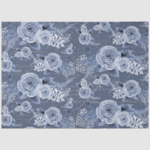 Peony Floral Dusty Blue Vintag Script Decoupage Seidenpapier