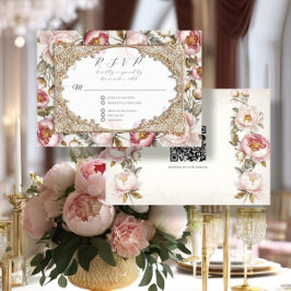 Peony Floral Elegant Gold Pink und Elfenbeinhochze RSVP Karte