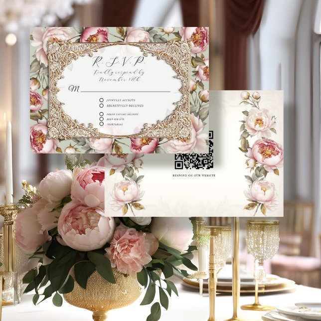 Peony Floral Elegant Gold Pink und Sage Wedding RSVP Karte (Von Creator hochgeladen)