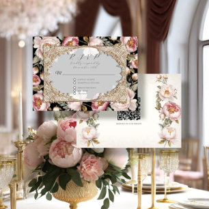 Peony Floral Elegant Gold Rosa und Schwarze Hochze RSVP Karte