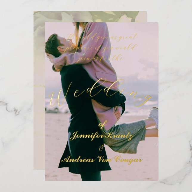 Peony Floral Foto Wedding Foil Einladung (Vorderseite/Rückseite)