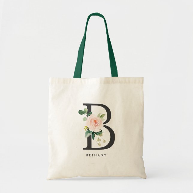 Peony Floral Letter B Black Monogram Bridesmaid Tragetasche (Vorne)