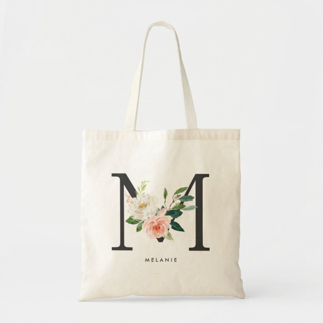 Peony Floral Letter M Black Monogram Bridesmaid Tragetasche (Vorne)