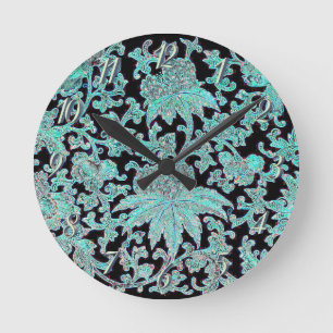 Peony flower turquoise and black runde wanduhr