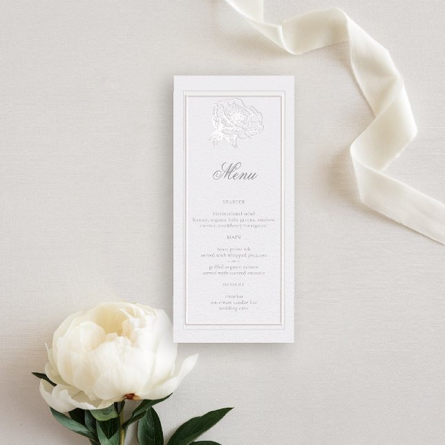 Peony Formal Modern Classic Elfenbeinhochzeit Menükarte (peony wedding menu formal modern classic traditional calligraphy double frame faux embossed ivory)