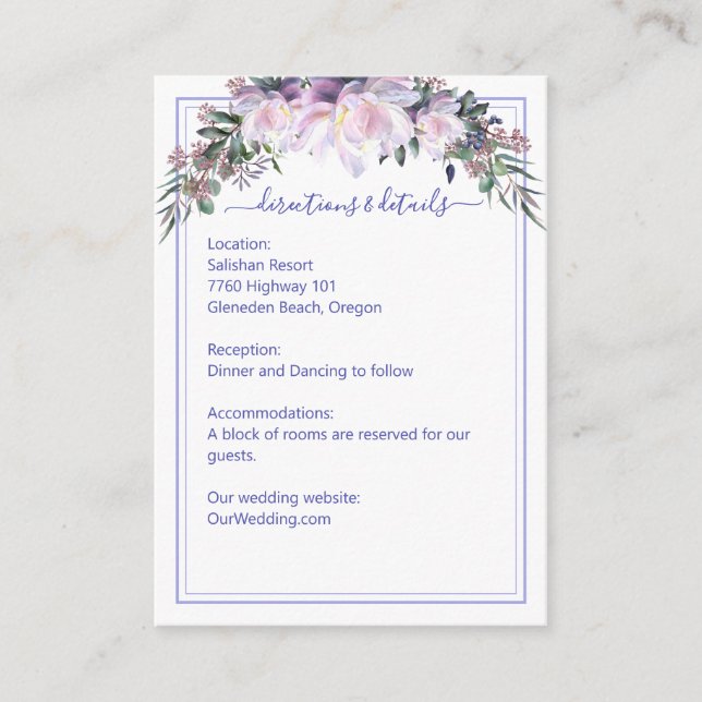 Peony Garden Lavender White Wedding Details Begleitkarte (Vorderseite)