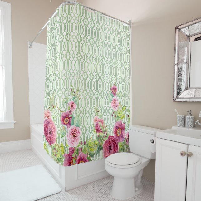 Peony Garden Trellis Pink Burgund Rose Wasserfarbe Duschvorhang (Beispiel)