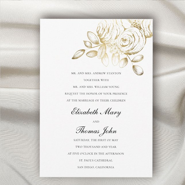 Peony Imitate Gold Sketch Formal Traditionelle Hoc Einladung (peonies wedding invitation formal traditional elegant faux gold floral sketch fine art luxury unique)