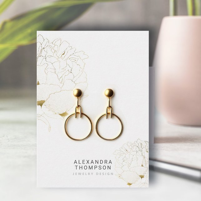 Peony Imitats Gold Modern Sketch Juwelier Display Visitenkarte (floral earrings jewelry display card faux gold peony art sketch modern minimalist elegant template)