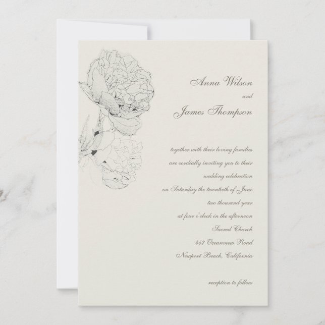 Peony Ink Sketch Ecru Elegante Calligrafy Wedding Einladung (Vorderseite)