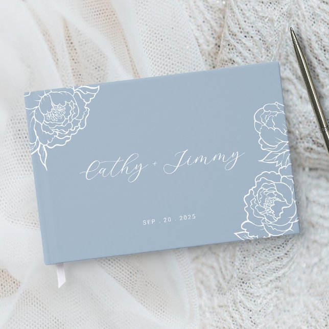 Peony Line Art Dusty Blue Wedding Gästebuch (Von Creator hochgeladen)