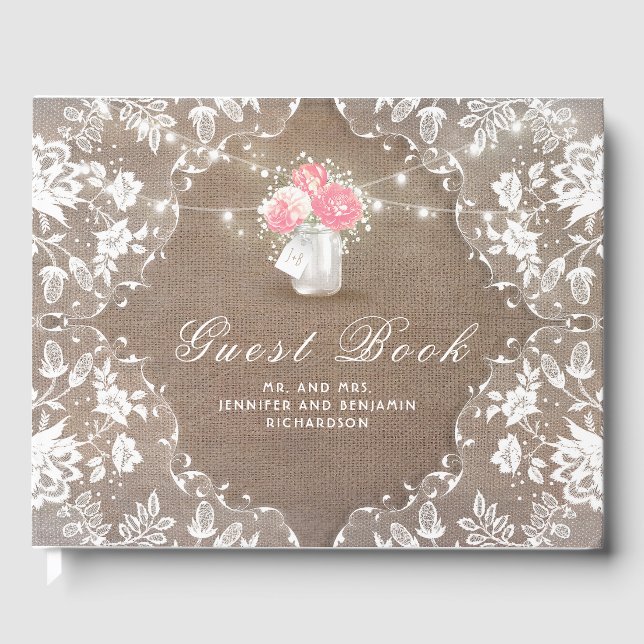 Peony Mason Jar Rustic Burlap Lace Wedding Gästebuch (Vorderseite)