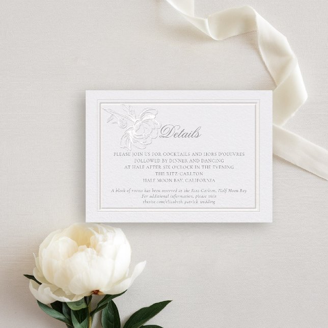 Peony Modern Formal Elegante Elfenbeinhochzeit Det Begleitkarte (peony wedding details card formal modern classic traditional calligraphy double frame faux embossed )