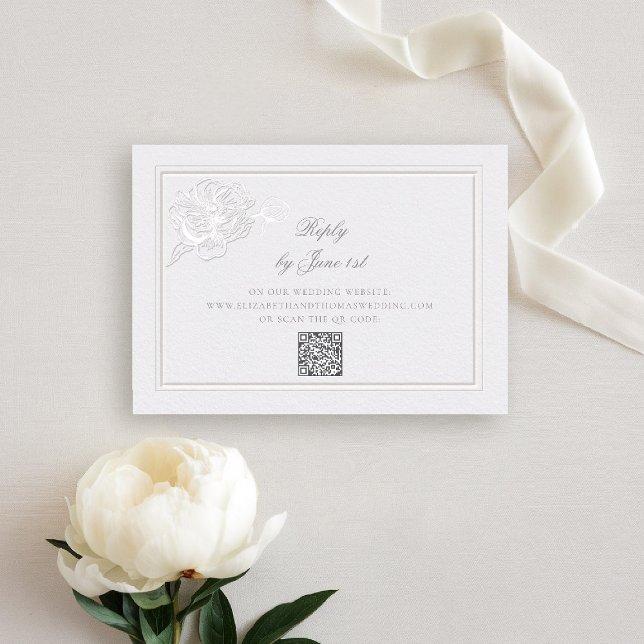 Peony Modern Formal Elegante QR Hochzeitreaktion (peony wedding rsvp reply QR formal modern classic traditional calligraphy double frame faux embossed)