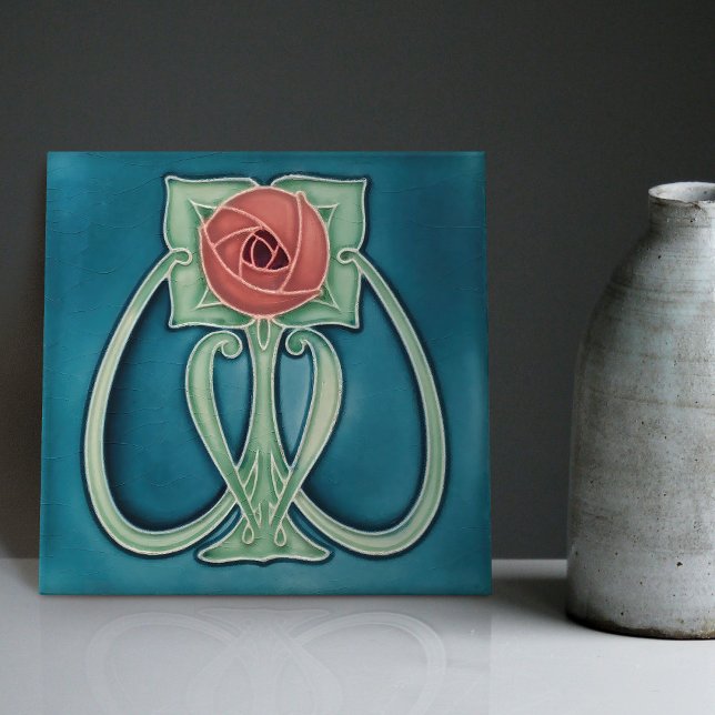 Peony on Blue Decor Art Nouveau Art Deco Fliese (Von Creator hochgeladen)